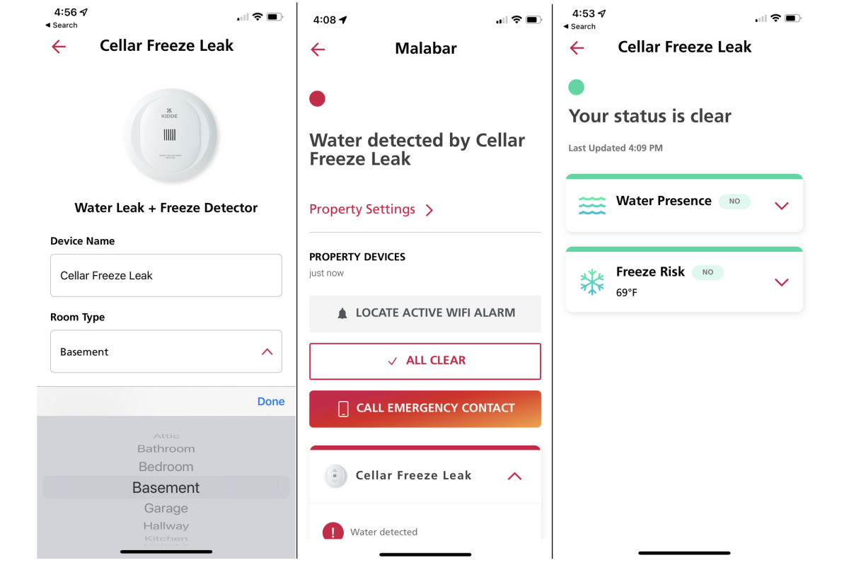 Kidde water leak and freeze detector app screenshots