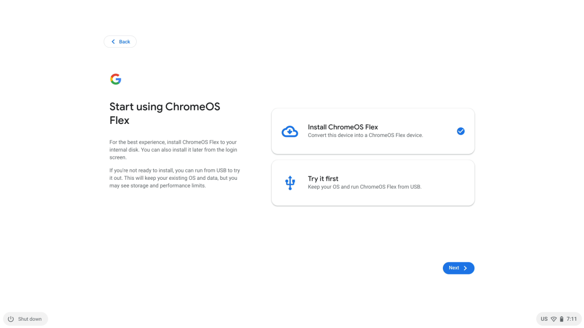 Экран установки ChromeOS Flex