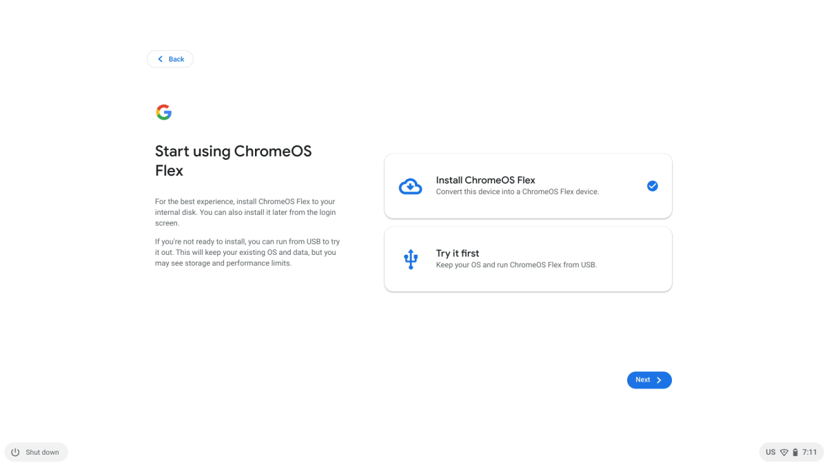 ChromeOS Flex installation screen