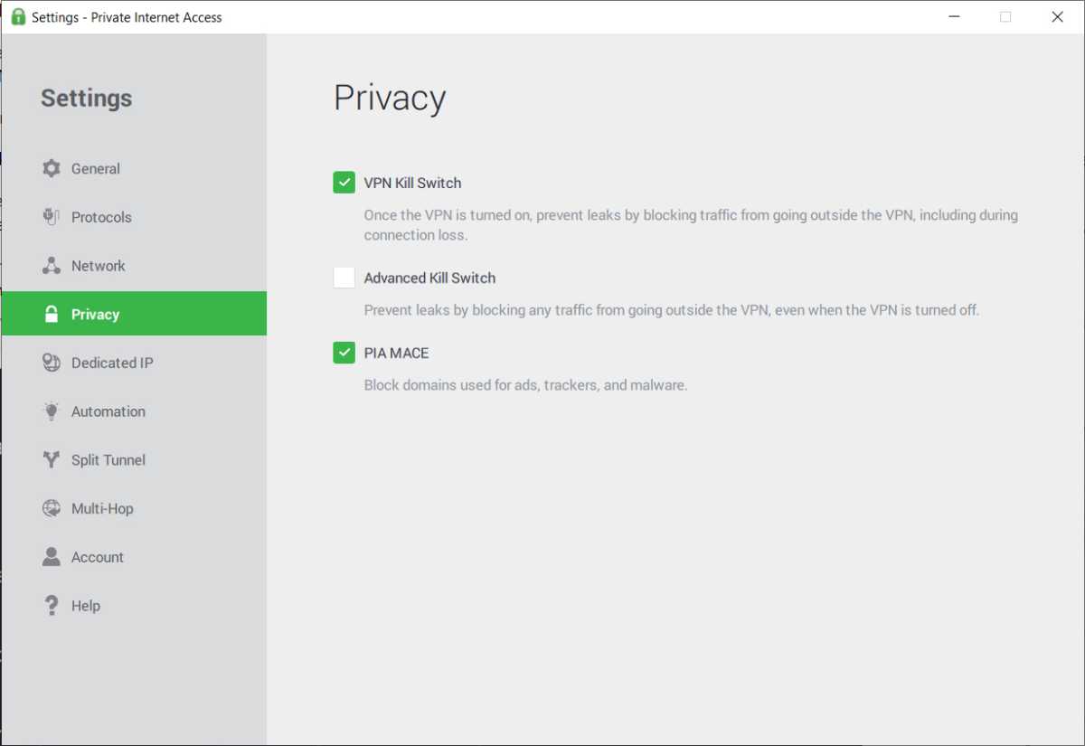 Private Internet Access review Settings Privacy