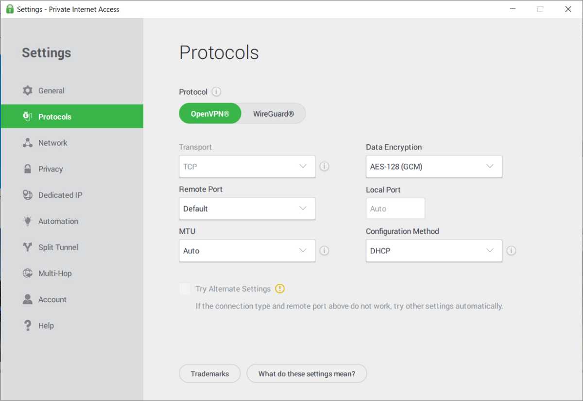 Private Internet Access review Windows settings Protocols