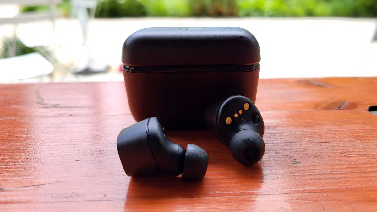 Sennheiser CX Plus True Wireless earbuds infront of case