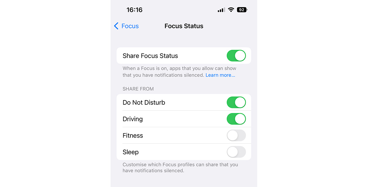 Share Focus Statuses in iOS 16