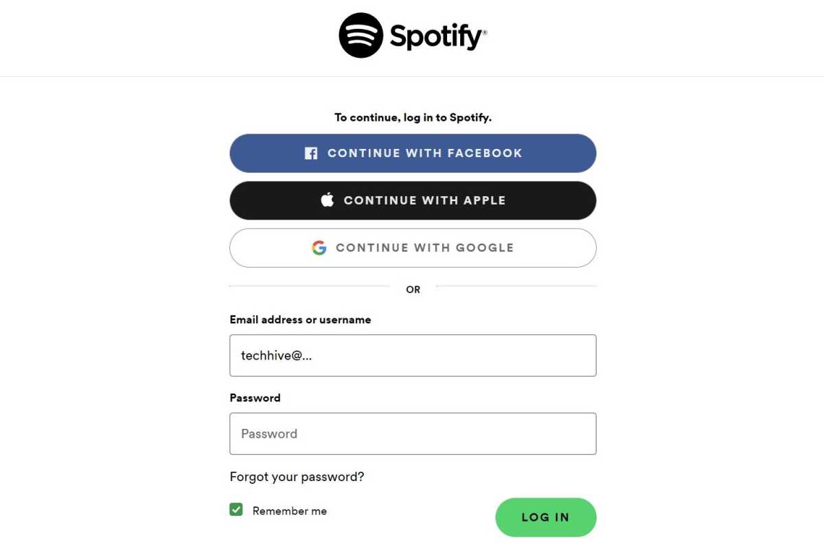 Spotify login screen