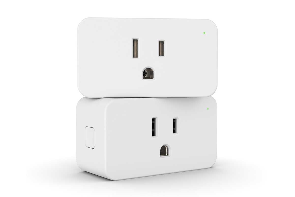 Stacked Vont smart plugs showing button
