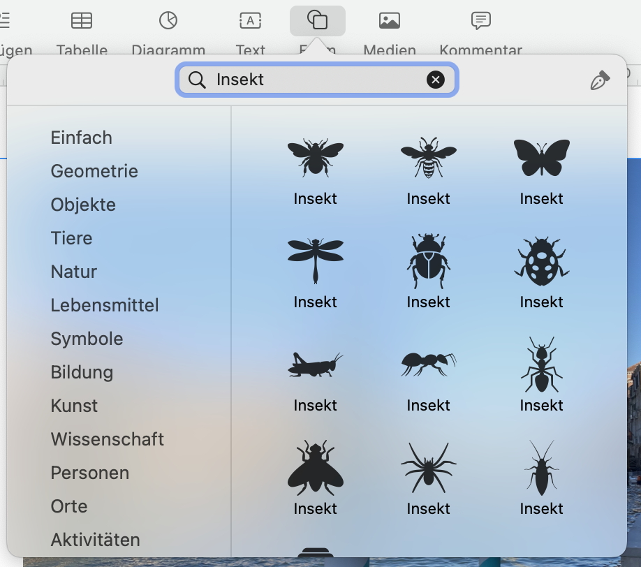 Über die Suchfunktion lassen sich bestimmte Formen schnell finden.