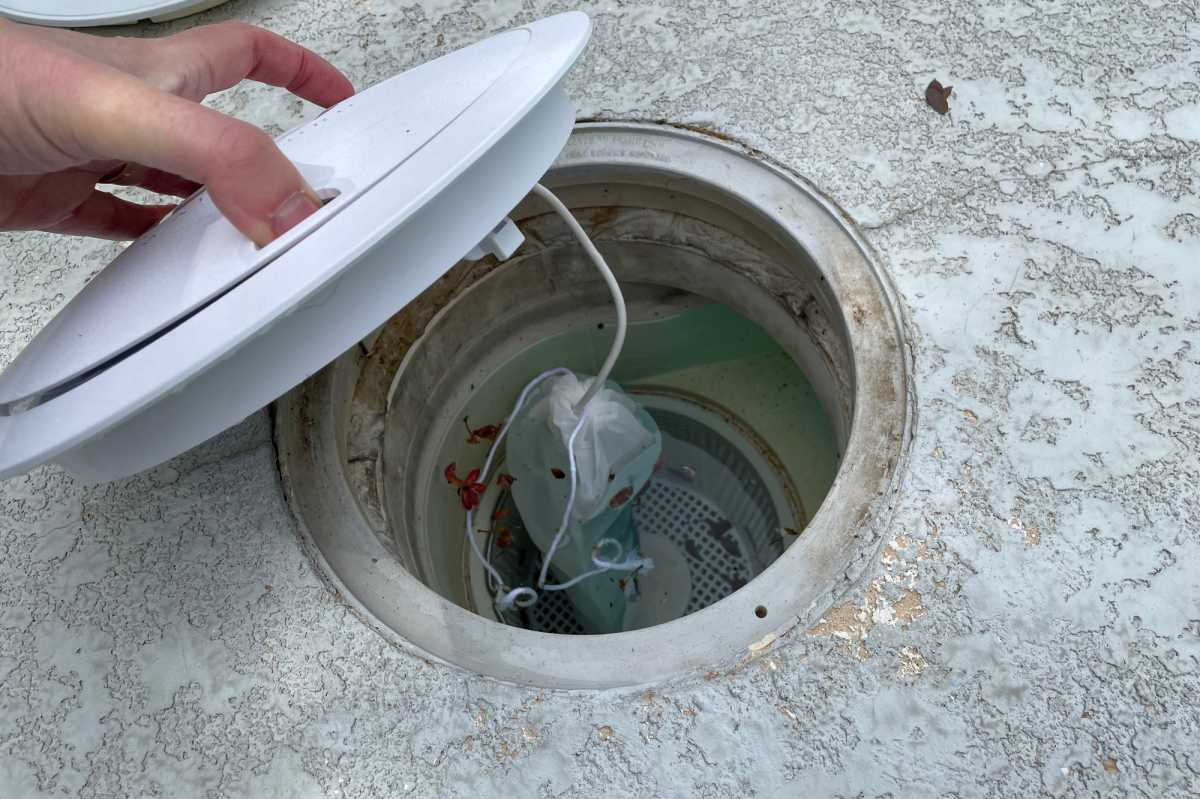 WaterGuru Sense à l'intérieur de la chambre de l'écumoire de piscine