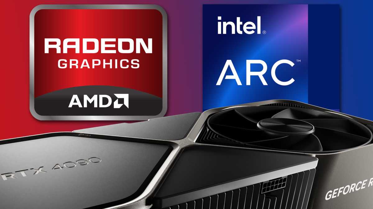 AMD Radeon Intel Arc logos, Nvidia RTX 4090