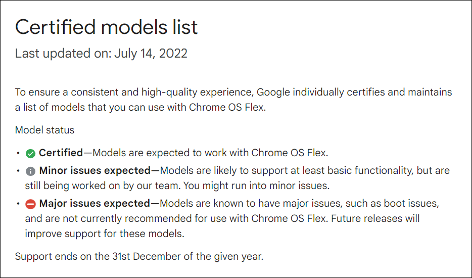 Certified models info for ChromeOS Flex