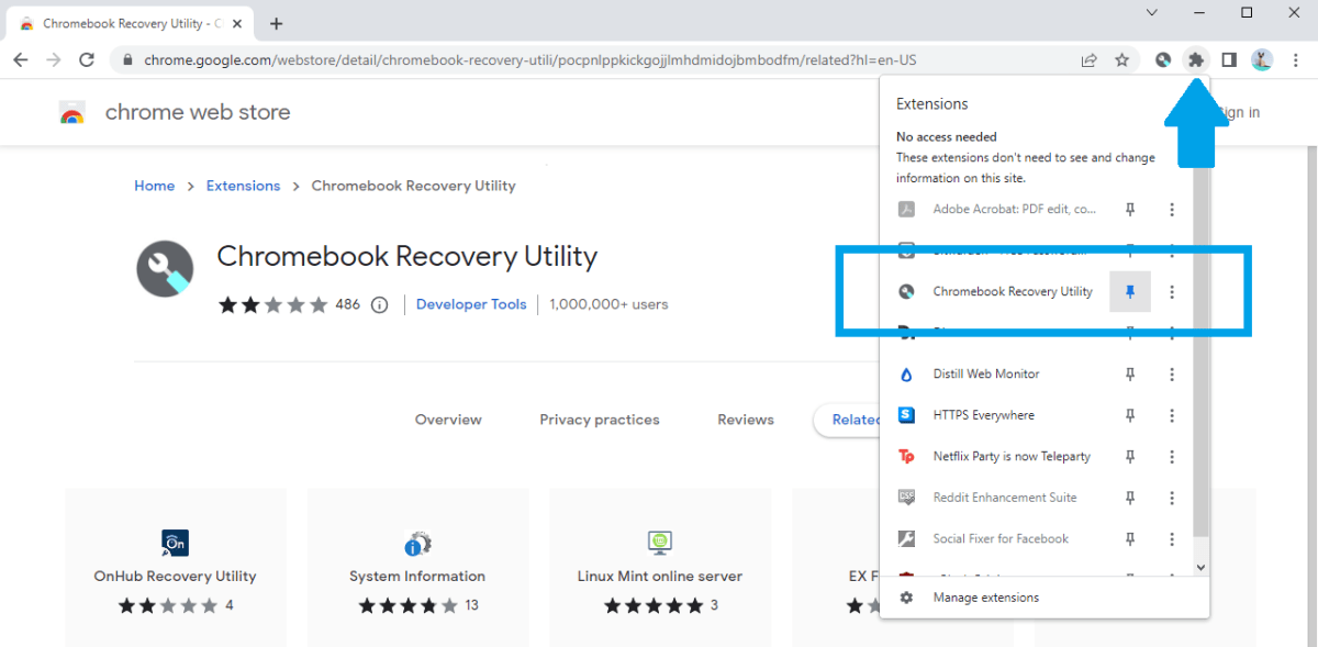 Chrome tarayıcısında Chromebook Recovery Utility simgesi