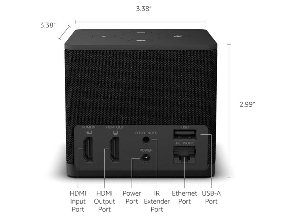 Fire TV Cube rear with HDMI In/Out, USB-A, and Ethernet