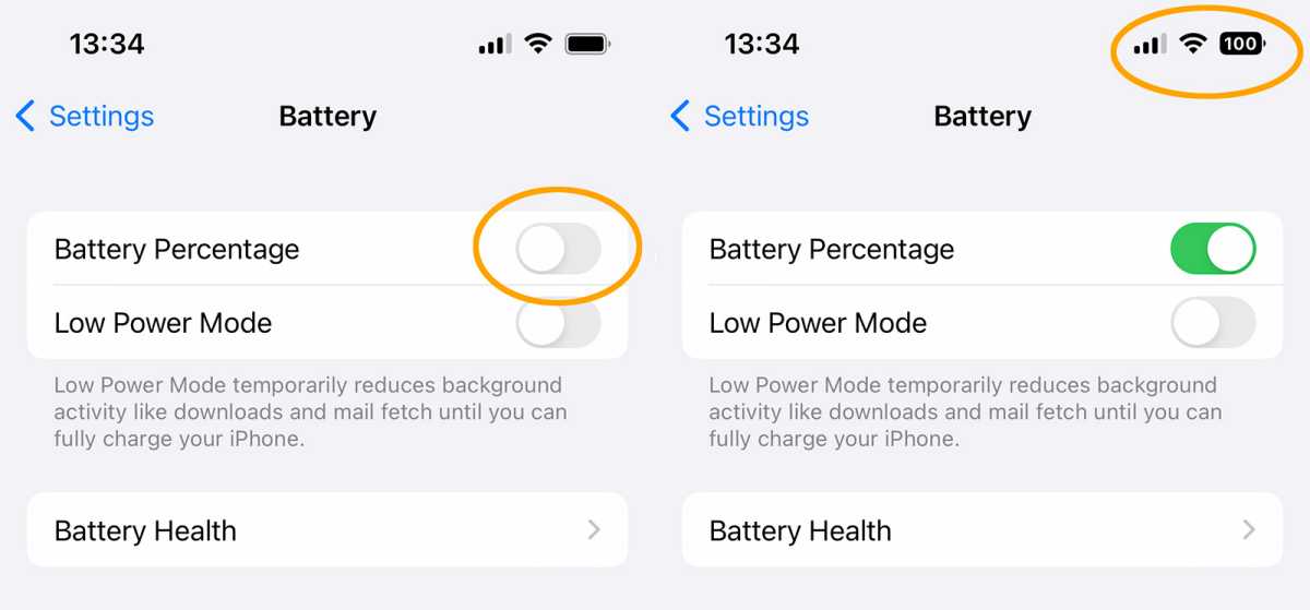 iOS 16 battery percentage settings