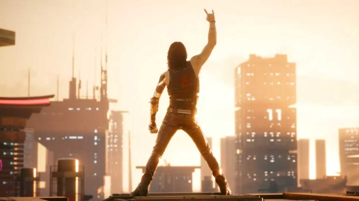 Johnny Silverhand from cyberpunk giving rock out hand gesture