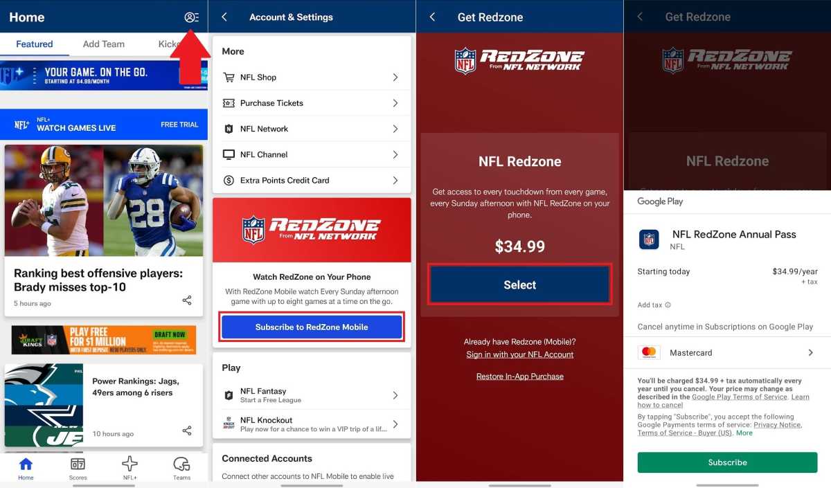 NFL Redzone sign-up flow