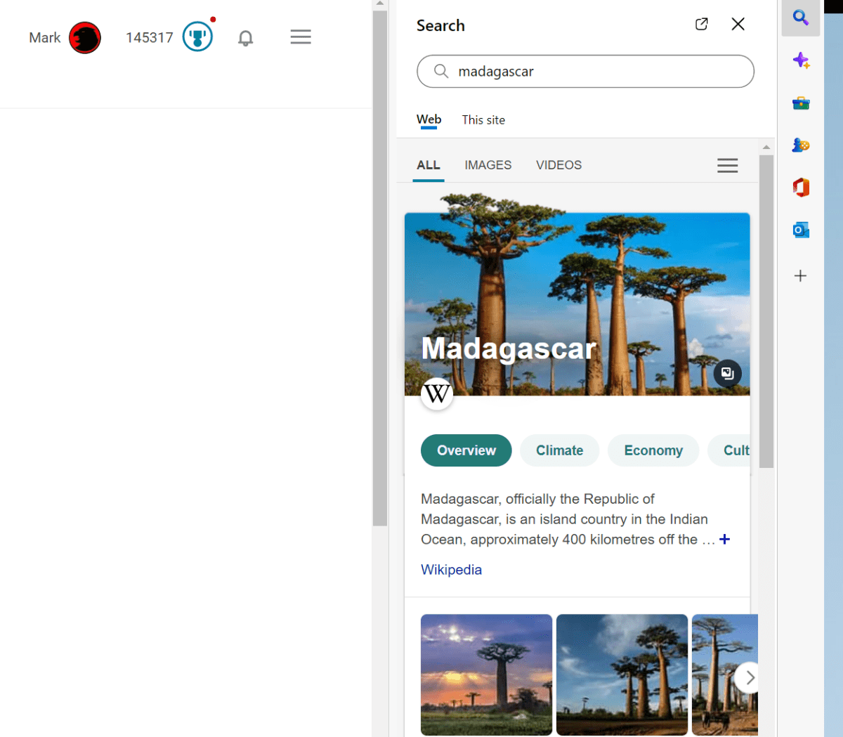 Microsoft Edge sidebar search