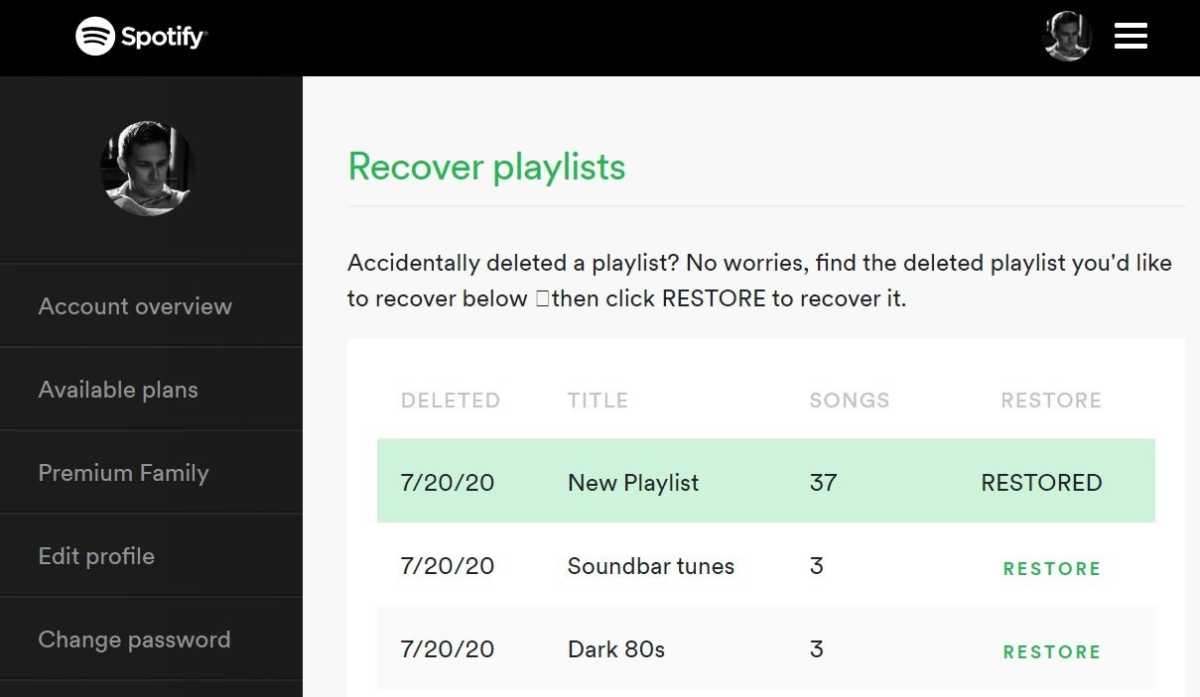 Spotify Recover playlists screen