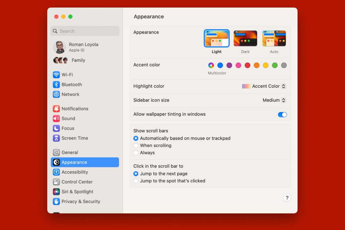 macOS Ventura has a new Appearance system setting for adjusting colors and scroll bars.