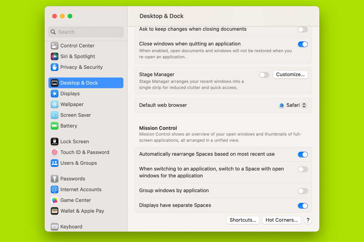 Mission Control's settings are in the Desktop & Dock section of System Settings.