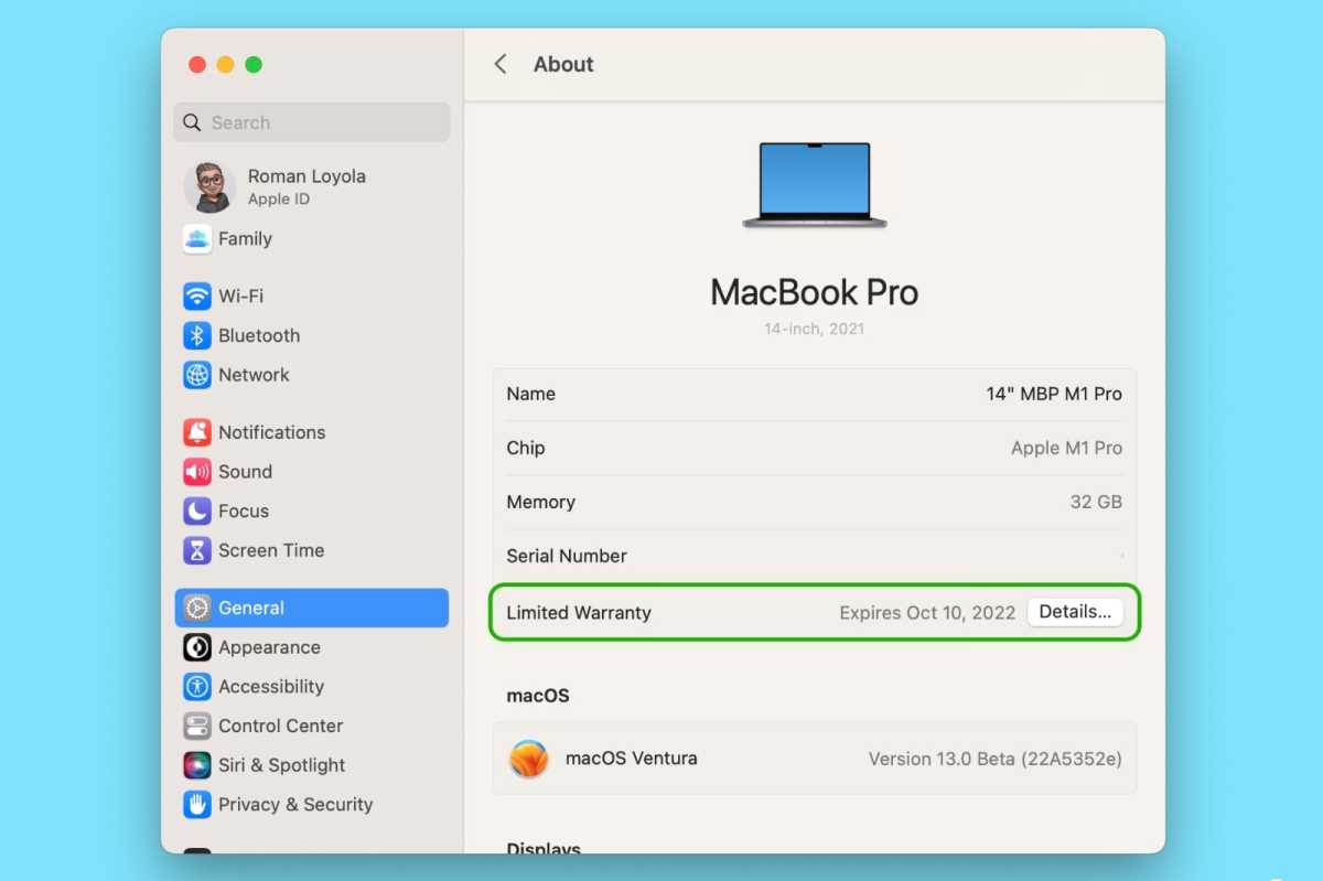 Information about your Mac's warranty is found in macOS Ventura in the General system setting.