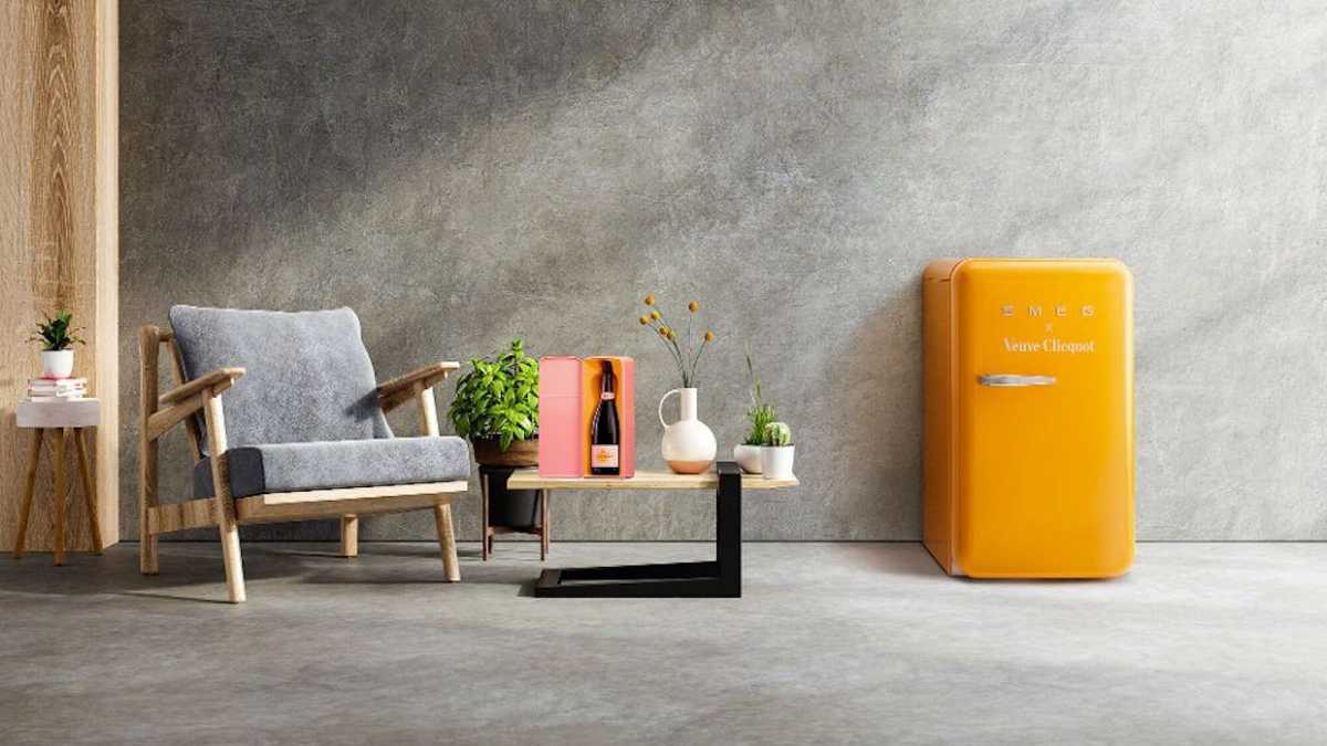 Smeg x Veuve Clicquot FAB10 yellow co-branded fridge