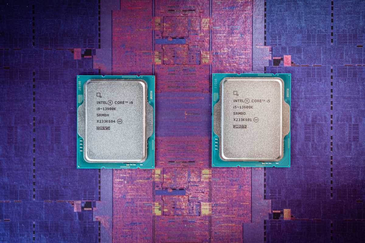 Intel Core i9-13900K and Intel Core i5-13600K on a purple background
