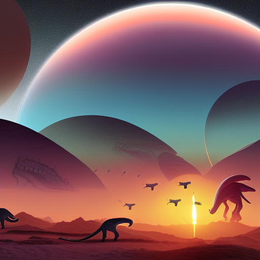 DreamStudio AI a sunrise over an alien world, populated with dinosaurs