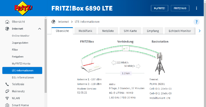 Die Verbindung steht und die Fritzbox kommt über LTE ins Internet.