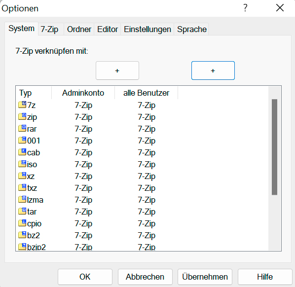 Über das Register „Optionen“ lässt sich 7-Zip als Standardprogramm zum Extrahieren festlegen – entweder getrennt für einzelne Dateiarten oder für alle Archivdateien.