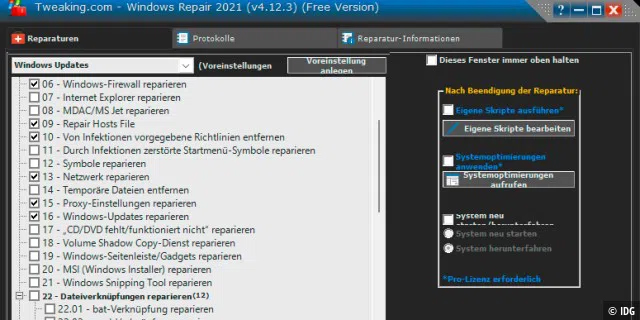 Umfangreicher Werkzeugkasten: Windows Repair All In One kann zahlreiche Windows-Probleme beseitigen. Voreinstellungen, etwa zur Reparatur des Windows-Updates, helfen bei der Bedienung.
