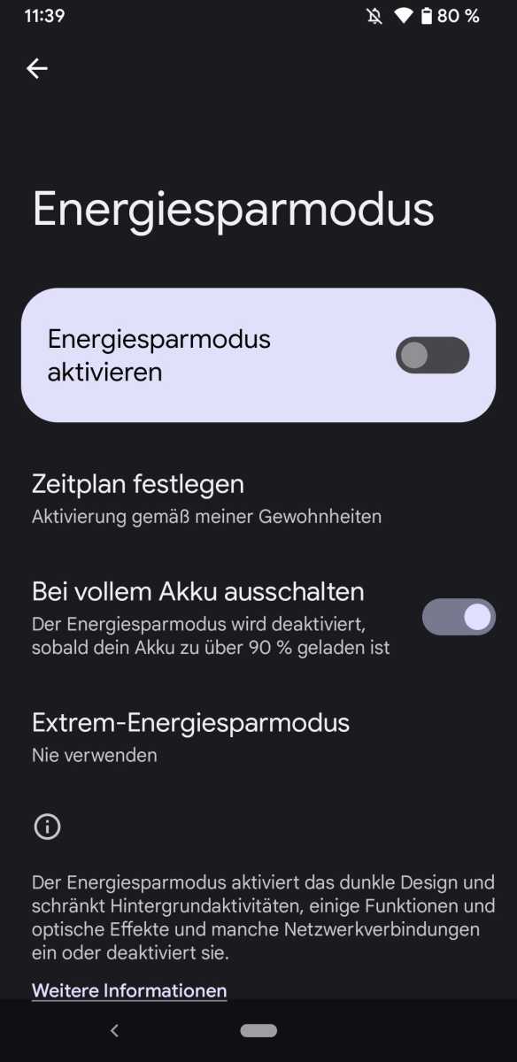 Android hat verschiedene Optionen an Bord, um die Akkulaufzeit zu verlängern. Darunter finden sich etwa Zeitpläne, die sich an der üblichen Nutzung oder einem bestimmten Ladestand orientieren.