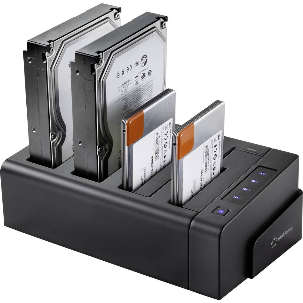 Dockingstationen vermeiden Kabelsalat, Kapazität und Leistung sind aber oft heikel zu recherchieren. Die abgebildete Renkforce USB 3.2 ist eines der günstigsten Modelle.