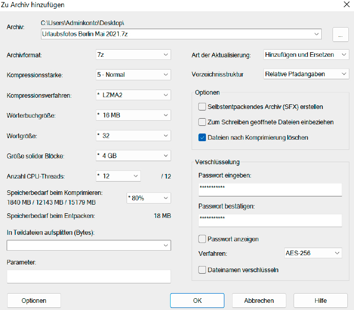 Beim Erstellen von Archiven bietet 7-Zip viele Einstellungen: vom Dateiformat über selbstextrahierende Archive bis zum Verschlüsseln und Schützen mit einem Passwort.