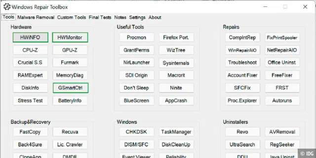 Windows Repair Toolbox: Das Tool ermöglicht den Download und Start zahlreicher Programme zur genauen Analyse von PC-Hardware wie CPU, GPU und Laufwerken.