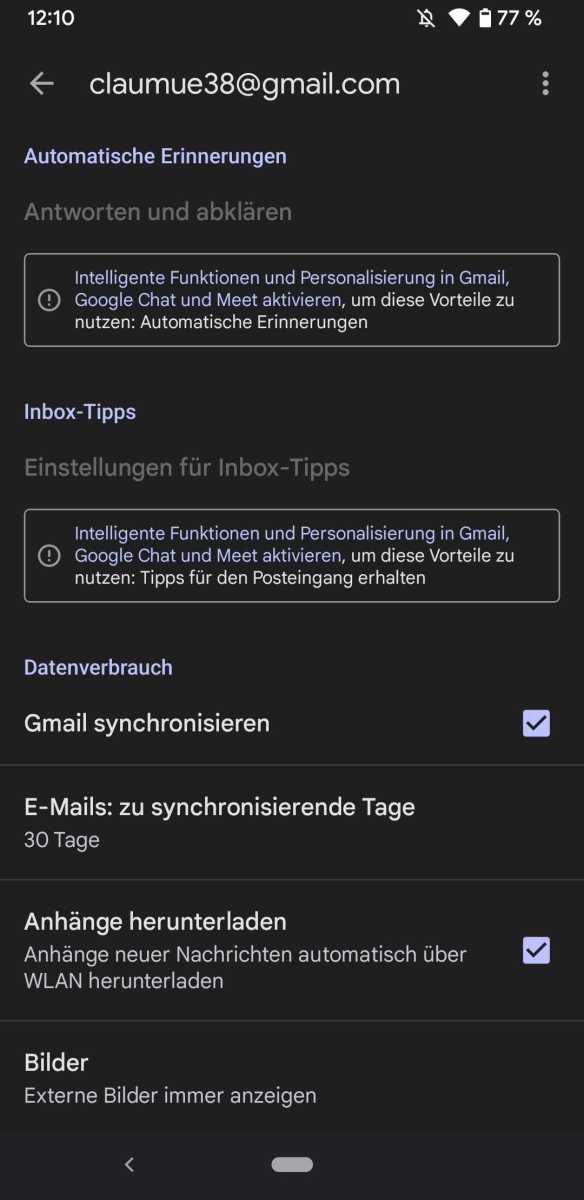 Bei Gmail müssen Sie die Synchronisation Ihres Mailkontos ebenfalls erst in den App-Einstellungen einschalten. Zudem können Sie den Datenabgleich in den Einstellungen des Smartphones automatisieren.