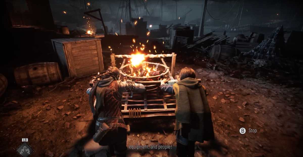 Im Leveldesign sind immer wieder Rätsel versteckt, weil wir Objekte aller Art anzünden müssen, um die Rattenschwärme fernzuhalten. Das geht vom Ochsen-Kadaver bis zu so einem Belagerungsgerät.