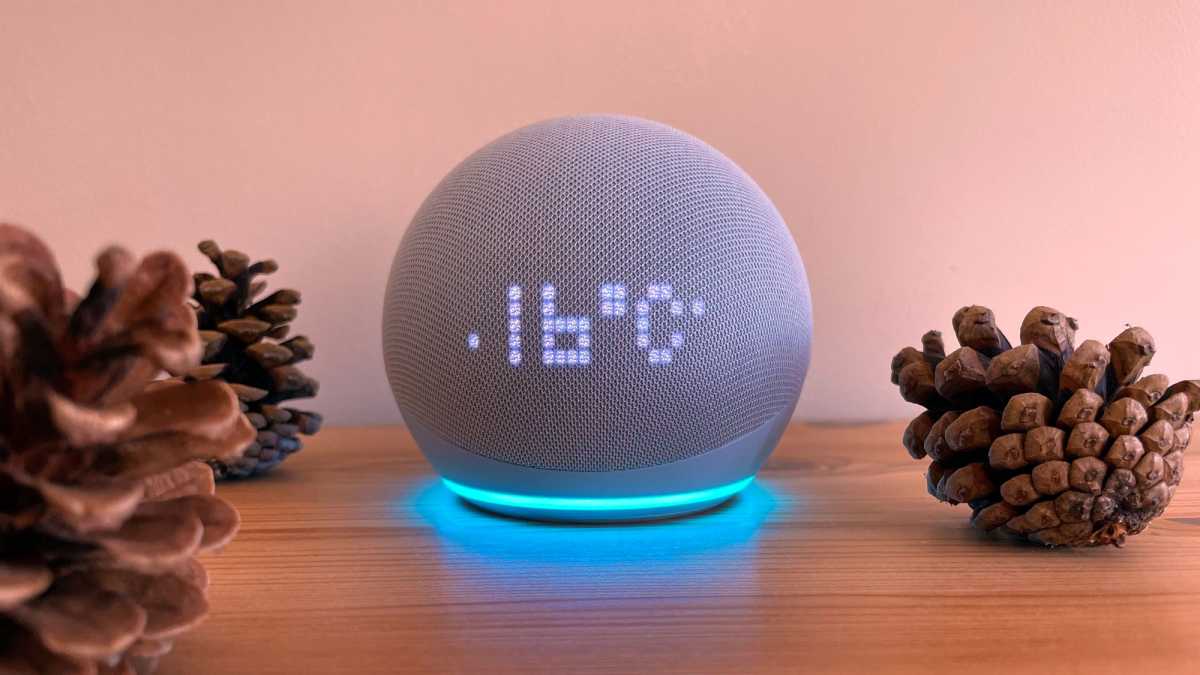 Amazon Echo Dot 5th gen with clock showing temperature