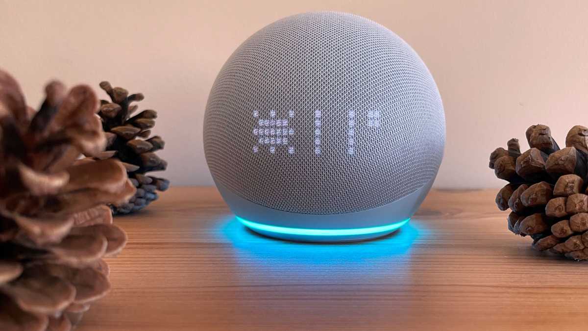 Amazon Echo Dot 5th gen with clock showing weather