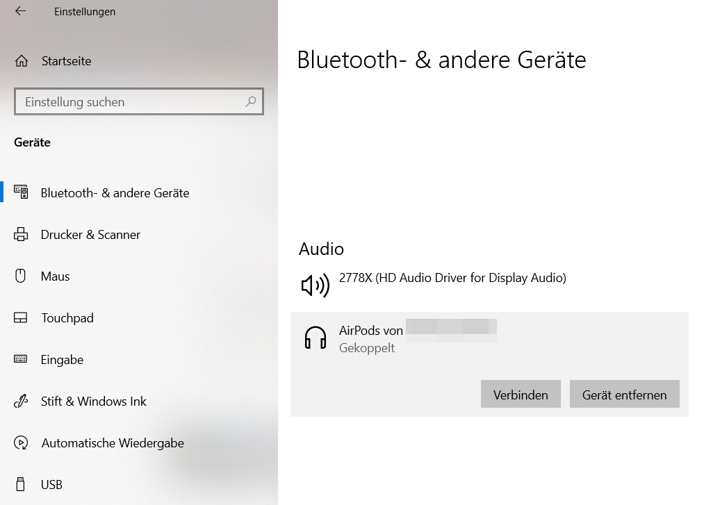 Bluetooth-Menü Windows 10 für AirPods-Verbindung
