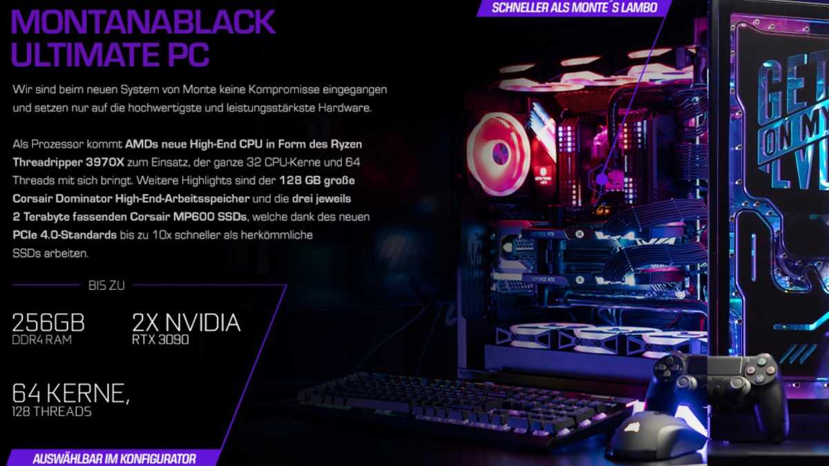 MIFCOM baut mit Monte jedes Jahr einen neuen PC, der gleich zwei RTX 3090 beinhaltet - eine Grafikkarte fürs Streamen, eine fürs Zocken selbst. Ansonsten besonders sind die 256 GB DDR4, die meisten haben ja eher nur 32 oder 64 GB Arbeitsspeicher im PC.