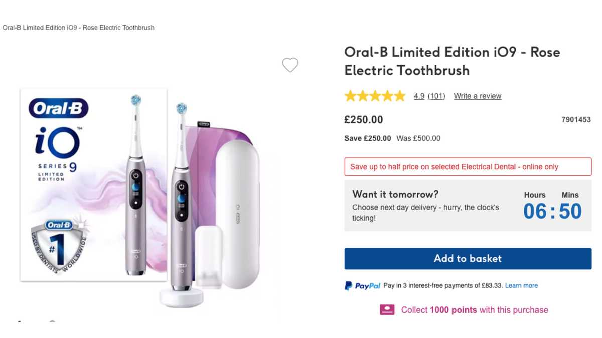 A screenshot of the Boots Oral-b iO9 pricing
