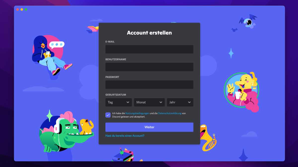 Fenster zur Registrierung eines Discord-Accounts in der Mac-App