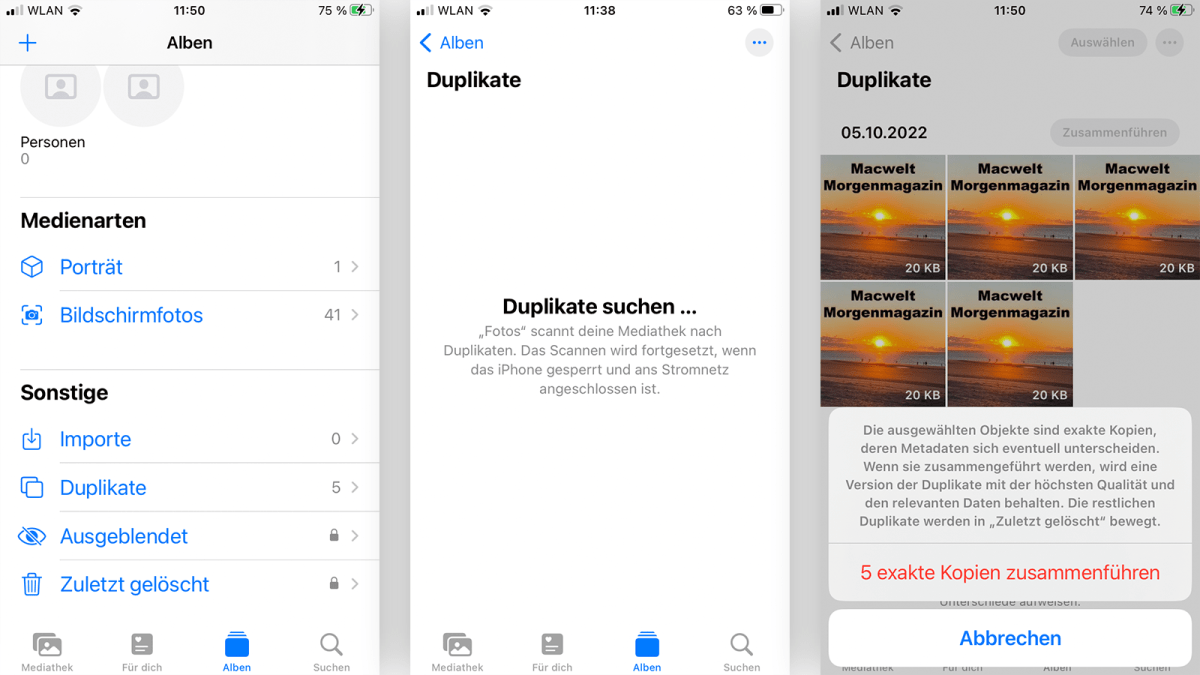 Screenshots des Albums "Duplikate" in der "Fotos"-App