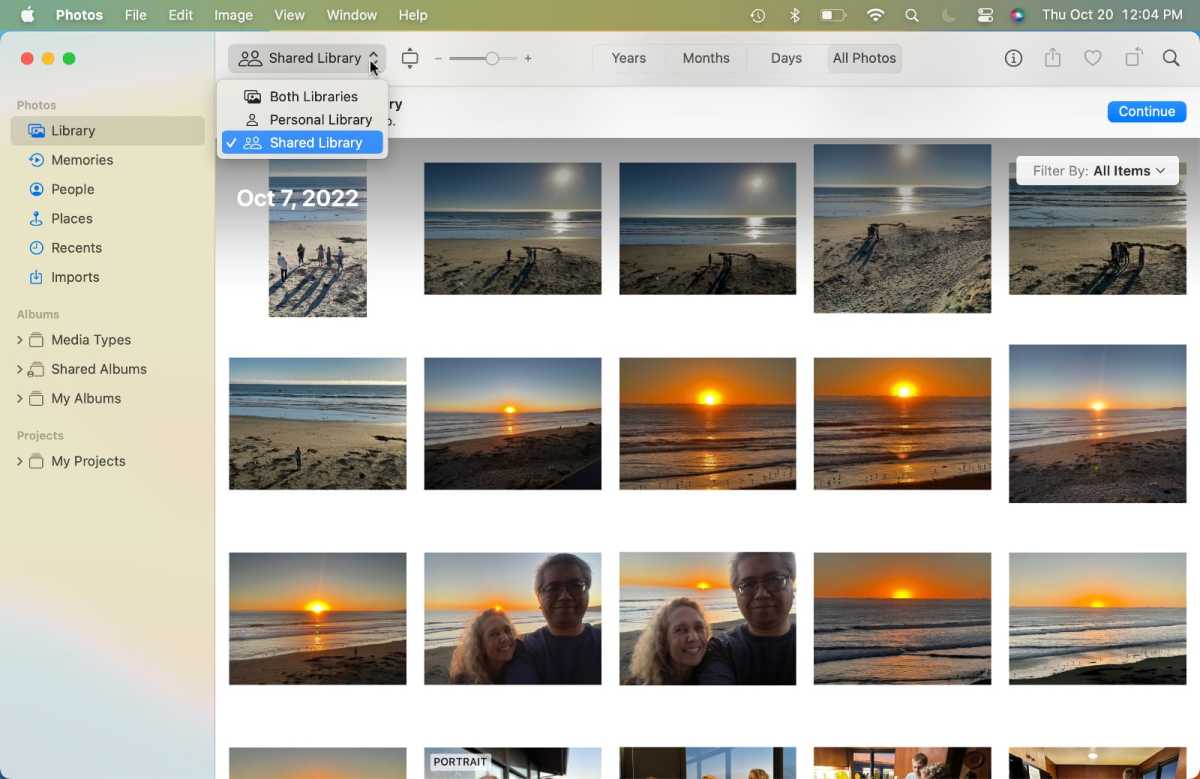 Cuando obtiene una vista previa de su biblioteca de fotos compartidas de iCloud, puede ordenar las fotos según el estado compartido o no compartido.