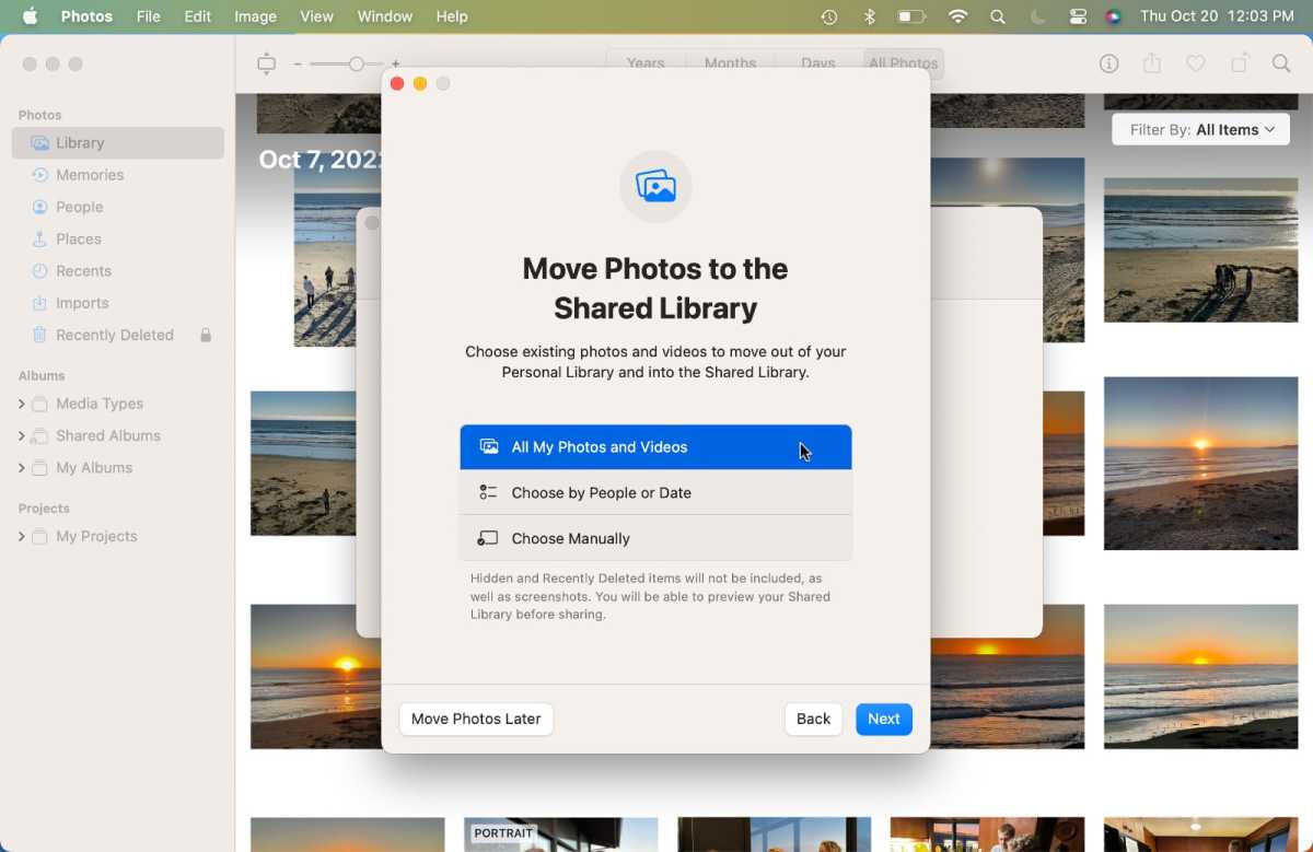 When making the iCloud Shared Photo Library, Apple provides three choices as to how you want to select the photos for the library.