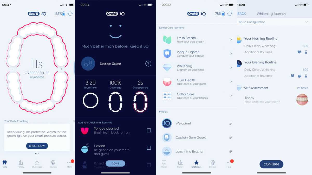 Images from the Oral-B iO5 app, including the brushing coaching screen