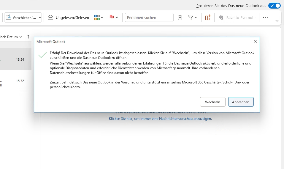 Aktivieren der neuen Outlook für Windows-Version in der Microsoft 365-Version von Outlook. 