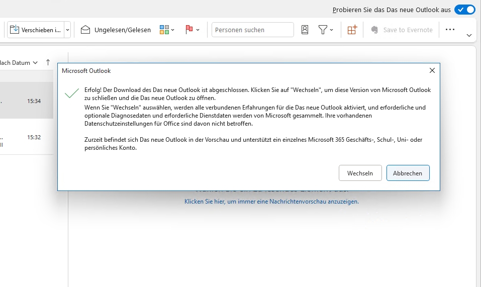 Aktivieren der neuen Outlook für Windows-Version in der Microsoft 365-Version von Outlook.