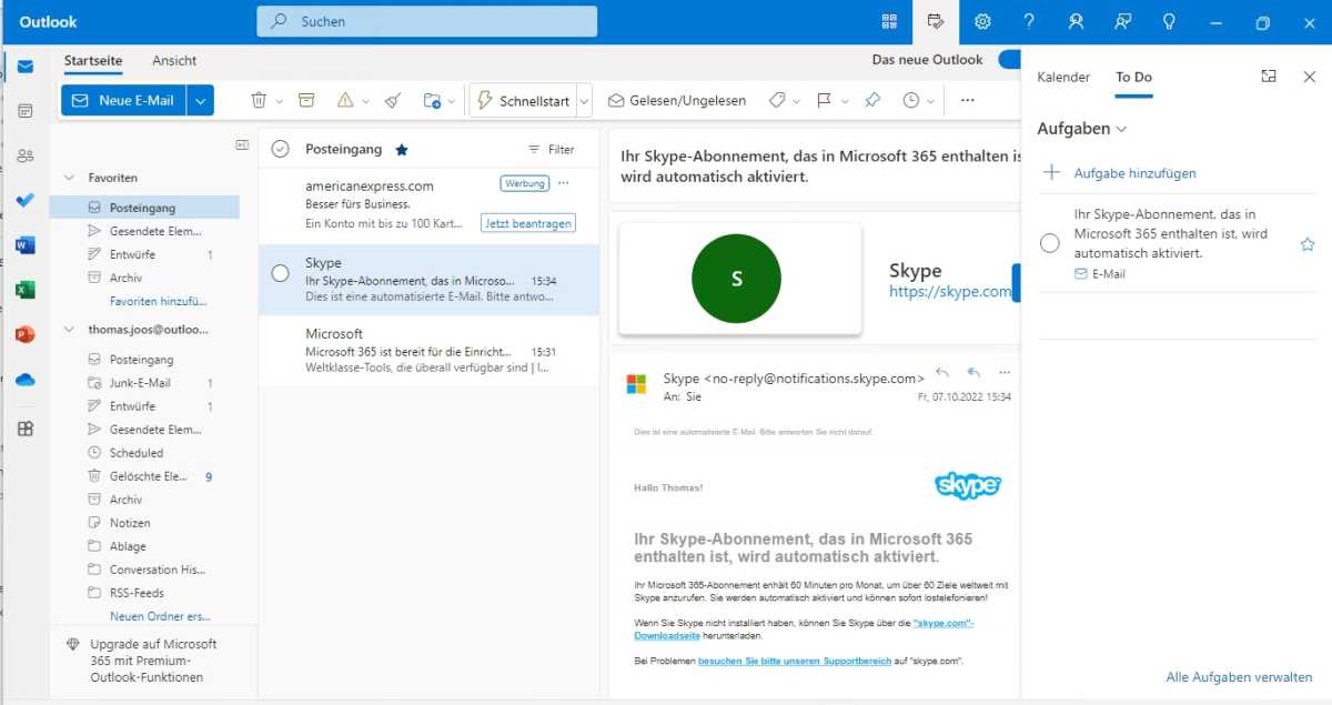 In Outlook für Windows lassen sich auch einfach per Drag & Drop Termine erstellen oder Aufgaben per Drag & Drop in To-Do erstellen.