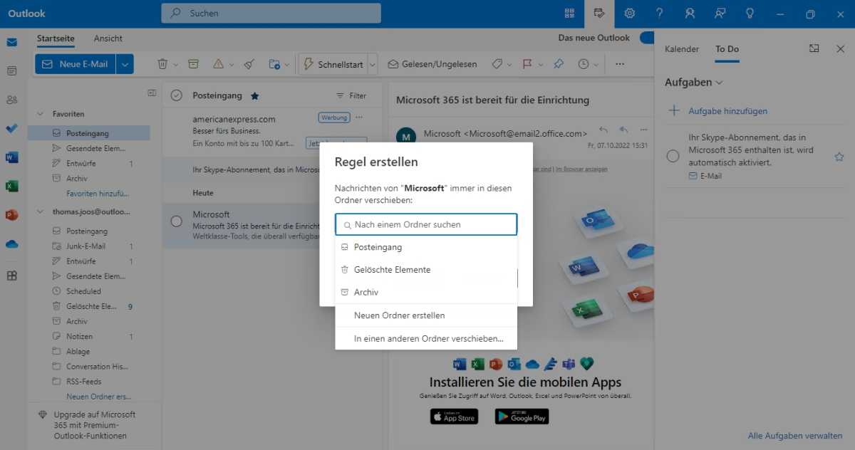 Outlook für Windows verfügt über einen neuen und verbesserten Regel-Assistenten.