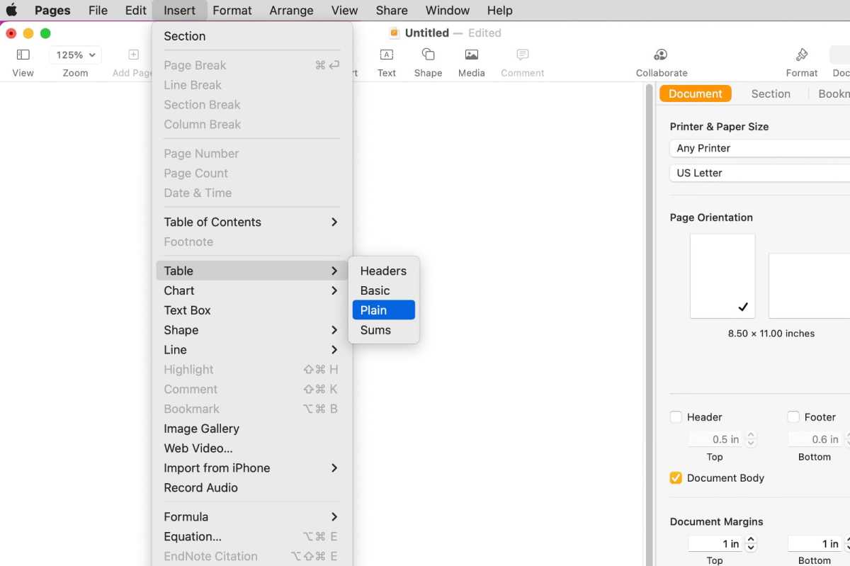 Pages plain table